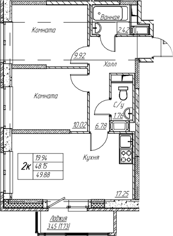 2-комнатная квартира 49.88 м², 6/22 эт., ЖК «Парк-квартал Юнтолово»